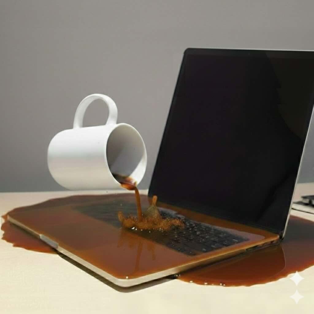 Laptop on a flat desk with direct coffee spill exposure