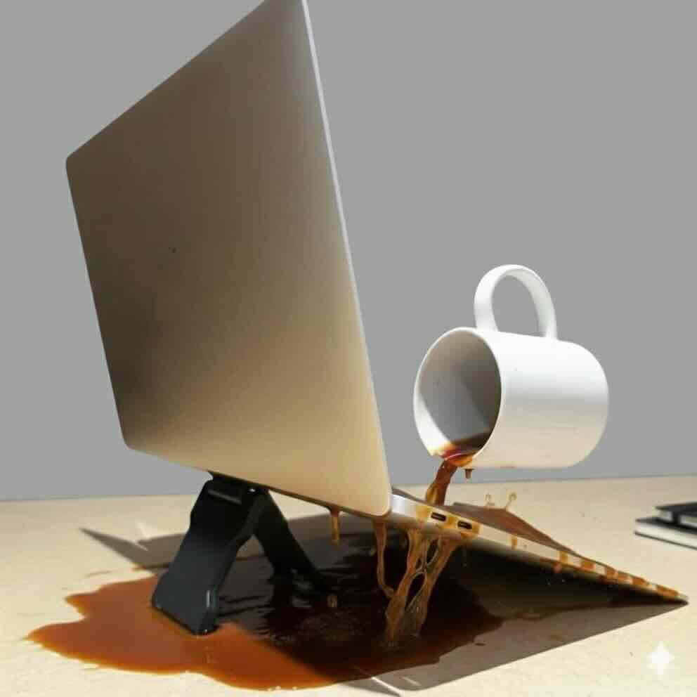Laptop raised with Kofeᵉ̬not to redirect a spill